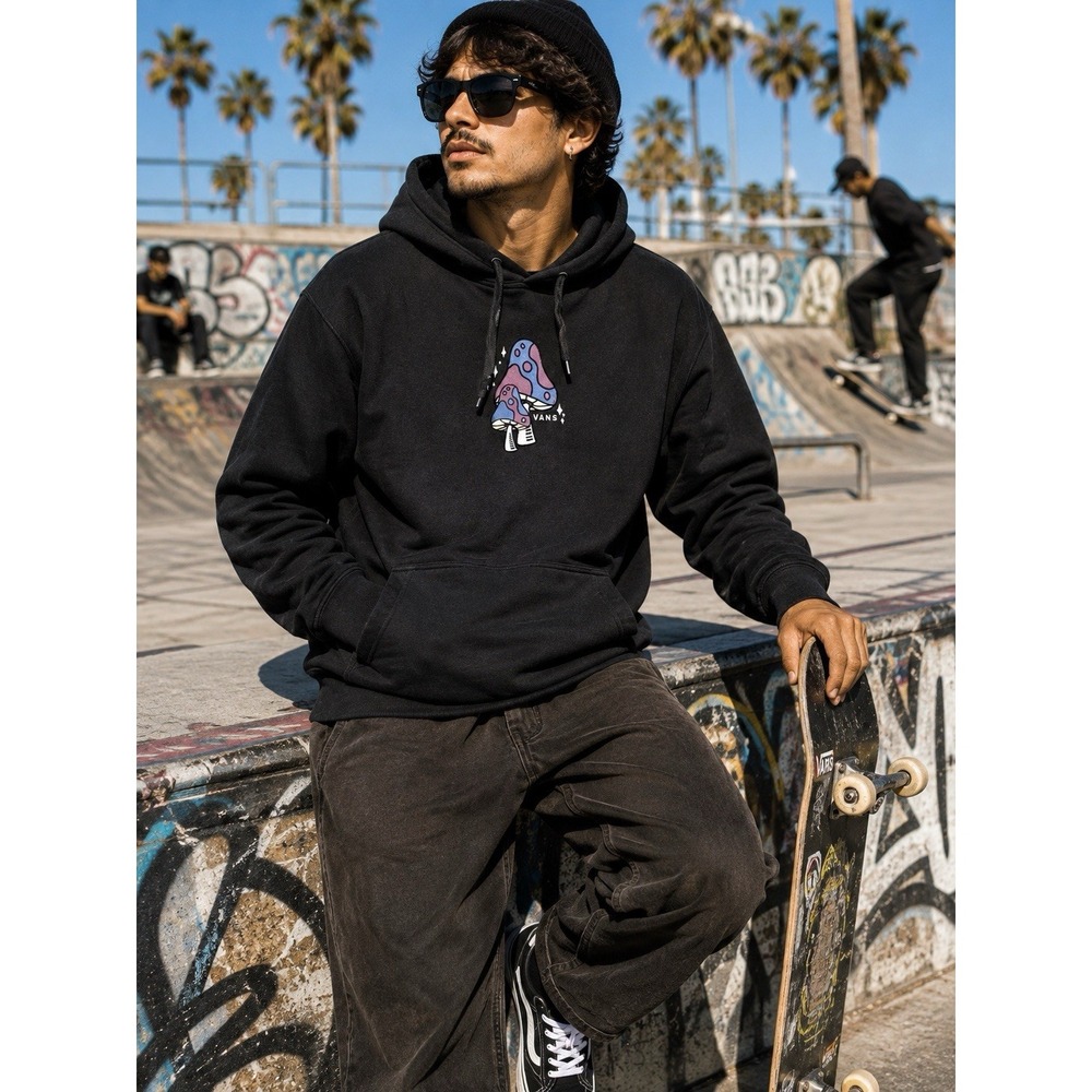 Vans Men Hoodie Black Graphic Fleece Mushrooms Embroidered Skate Pullover Sz Lrg